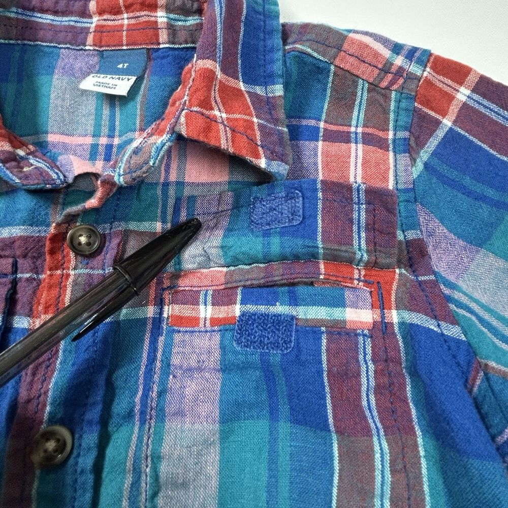 Old Navy Retro Shirt Short Sleeve Linen Cotton Plaid Red Blue Pockets Boys 4T - Picture 4 of 10